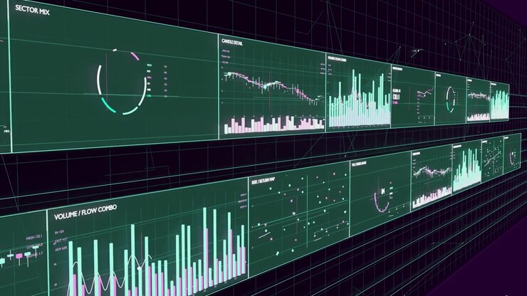Gliding camera revealing pair of green dashboard panels in 3D space, presenting live market metrics