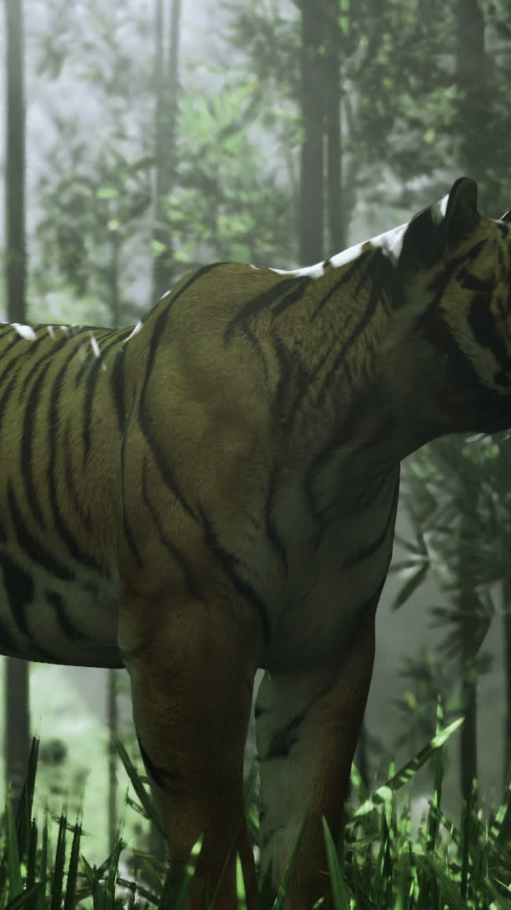 Majestic tiger navigating through dense bamboo forest at dawn