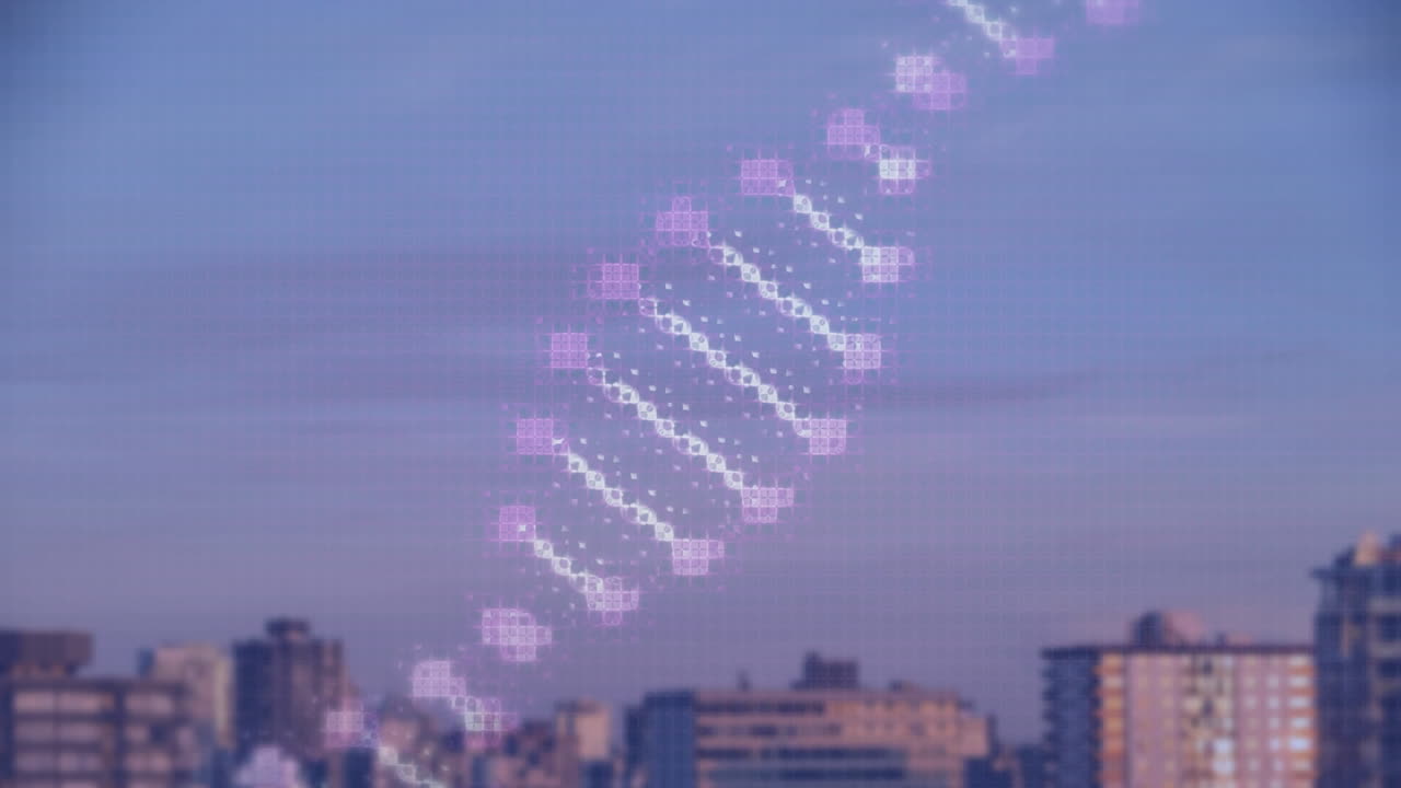 Animation of dna helix rotating over high section of buildings against clear sky