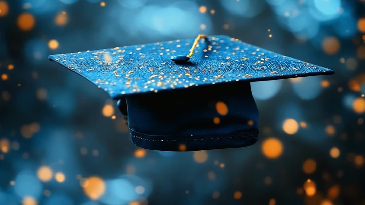 Graduation cap and sparkles. A graduation cap floats in the air, surrounded by sparkling lights, symbolizing achievement and success.