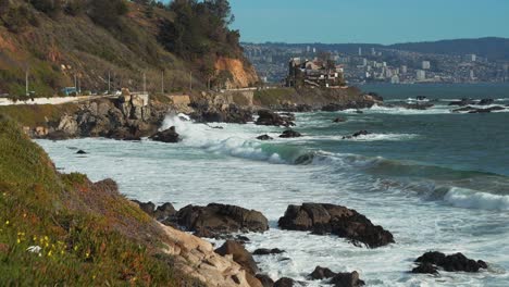 View-Of-The-Valparaiso-Coastline-And-Pacific-Ocean-In-Chile-At-Sunset