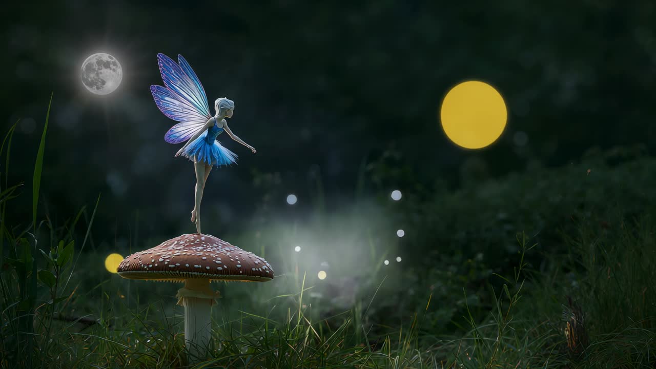 Leaping fairy wearing blue tutu on red mushroom in glade with glowing orbs gathering to join