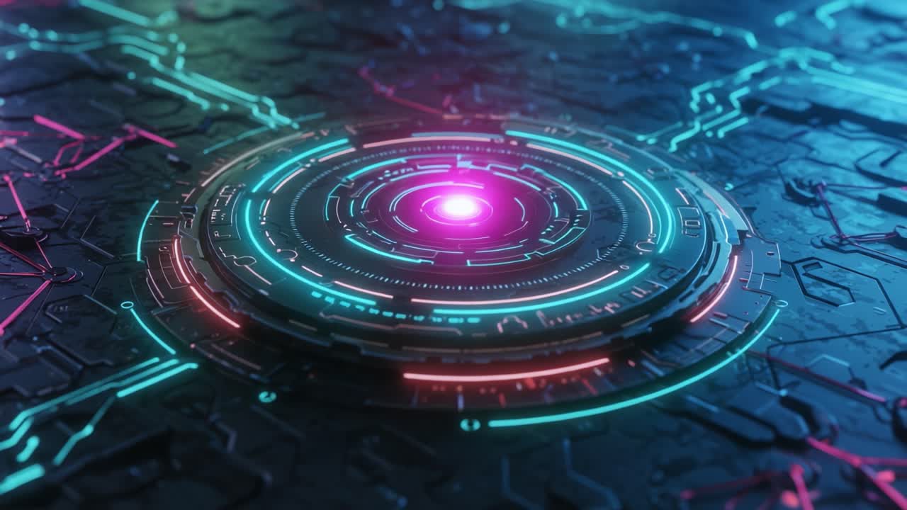 Visually Striking Futuristic Circuit Design with Illuminated Circular Core Highlighting a Dynamic Blend of Neon Colors and Intricate Patterns in a High-Tech Environment