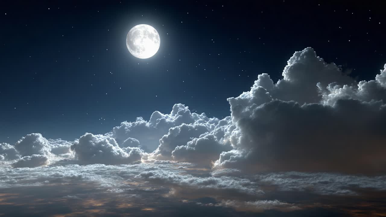 Um céu noturno deslumbrante capturado com uma lua cheia iluminando as nuvens, criando uma paisagem serena de estrelas cintilantes acima do horizonte calmo