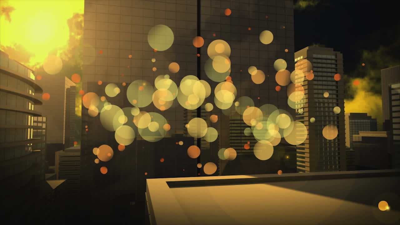 노란색 거품 효과로 둘러싸인 도시 풍경