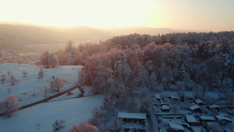 눈 덮인 언덕과 숲, winterthur 외곽을 날아갑니다.