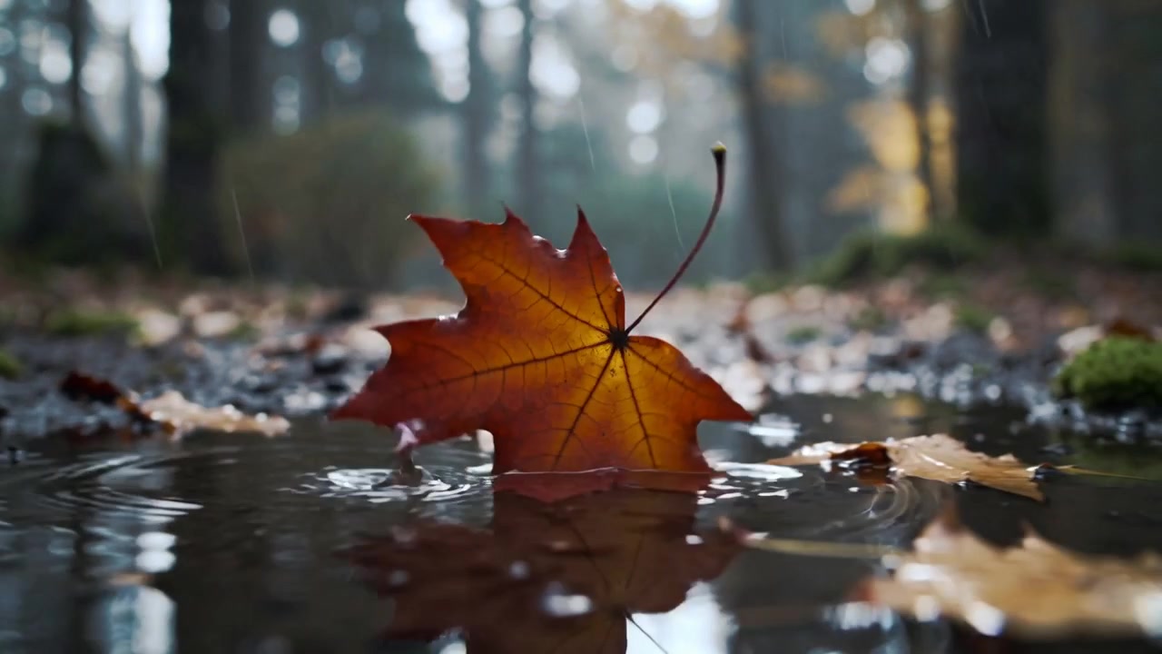 Foglia d'acero marrone-arancio che ondeggia e si inclina sul bordo di una pozzanghera nel bosco, con gocce di pioggia che formano increspature.