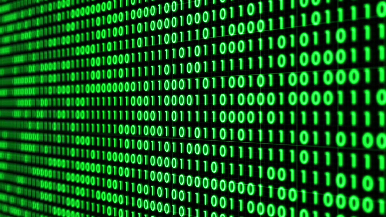 Vertically moving rows of dense green binary code, consisting of 1s and 0s, represent the fundamental data structure of digital communication and computer systems.