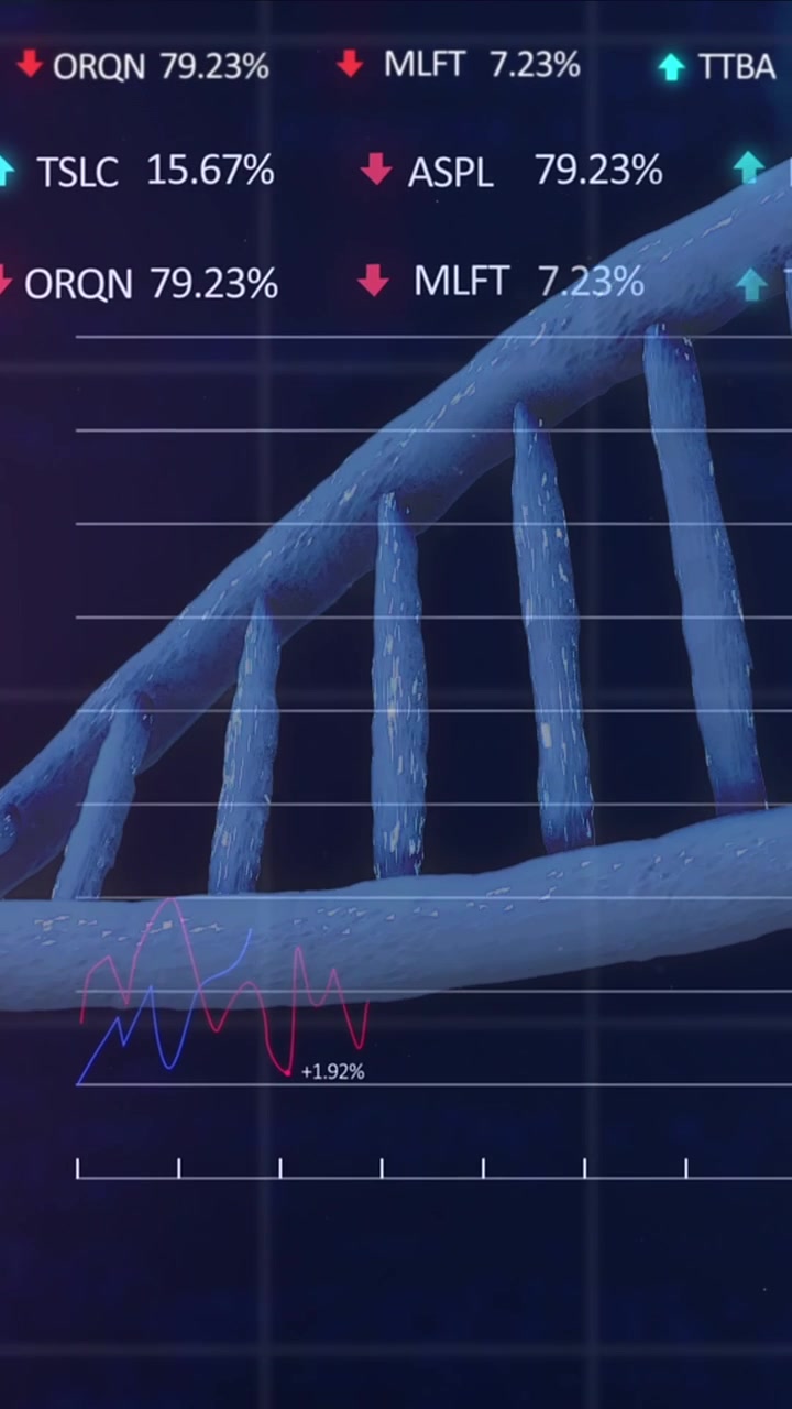 Animazione di elaborazione dati su un filamento di DNA su sfondo scuro.