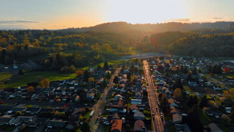 Beautiful countryside nearby Castle Rock city in Washington State, USA. Amazing sunset above the rural area and spectacular nature. Top view.