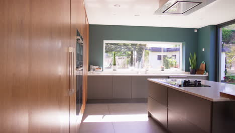 kitchen and counter with built in appliances in modern house with views to garden