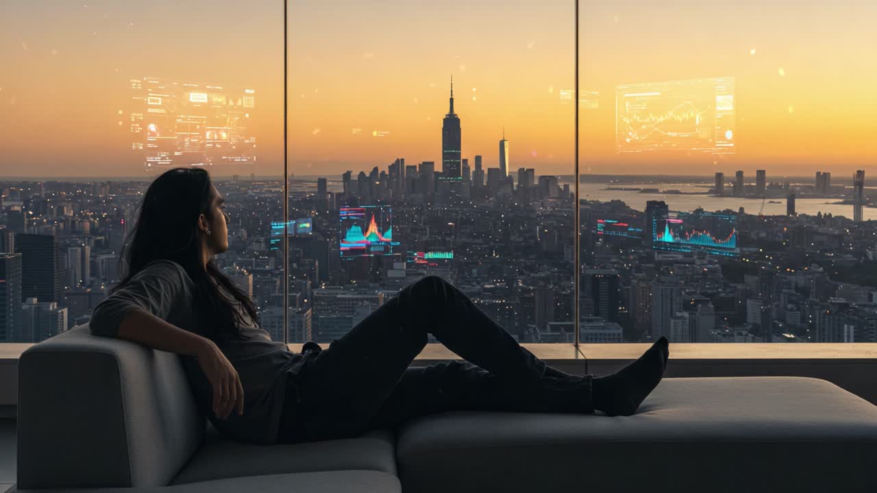 A Contemplative Evening: Gazing at a Cityscape with Digital Insights in the Foreground, Showcasing Futuristic Technology and Urban Serenity