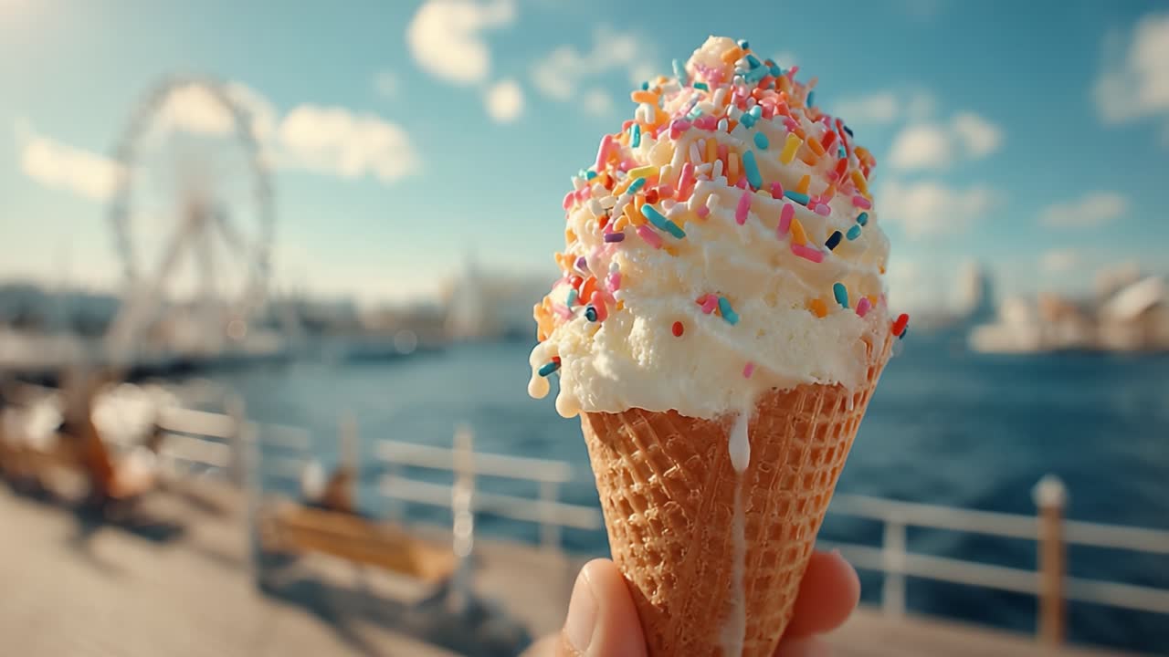 Een heerlijk ijshoorntje met kleurrijke sprinkles tegen een schilderachtige waterachtergrond met een reuzenrad.
