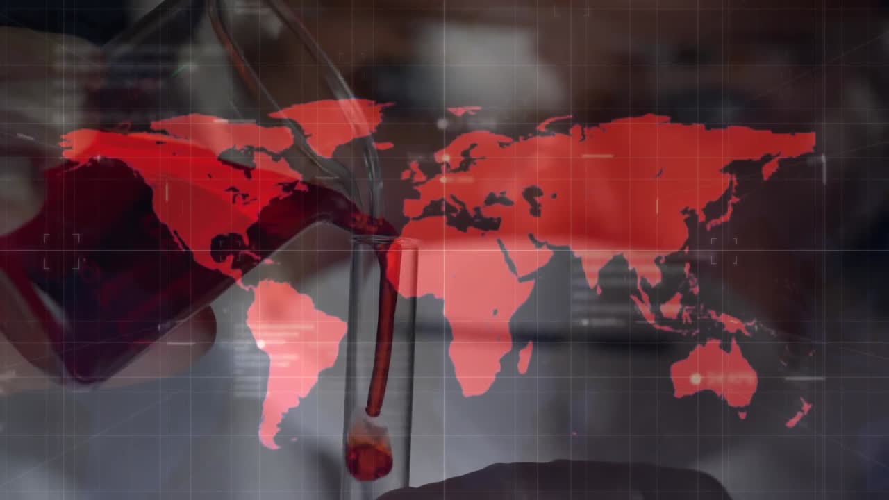 얼굴 마스크를 입은 과학자 위에 세계 지도의 애니메이션