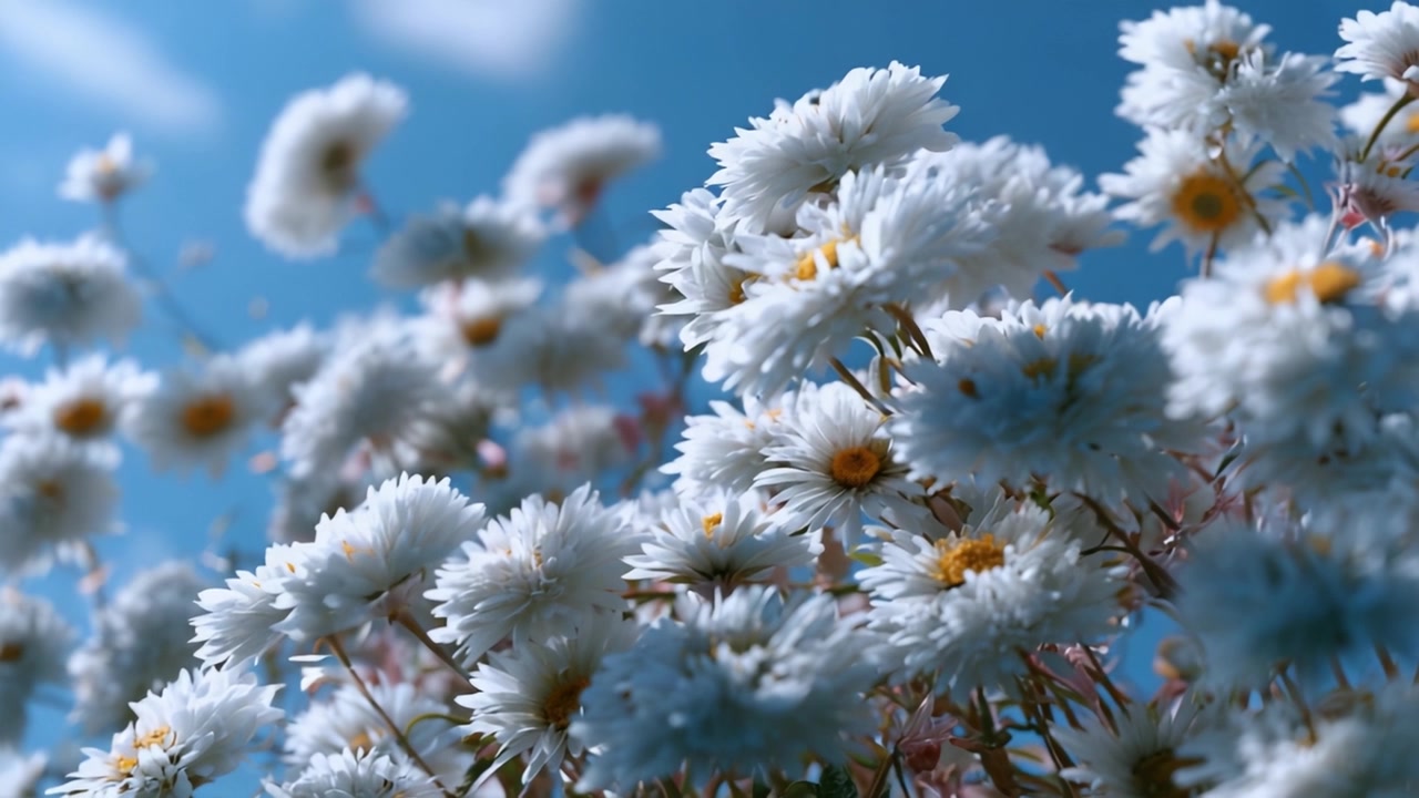 Una Vivace Esposizione di Margherite Bianche Che Fioriscono Sotto un Cielo Azzurro Brillante, Catturando l'Essenza della Bellezza della Natura e la Fioritura Stagionale in Ogni Fotogramma.