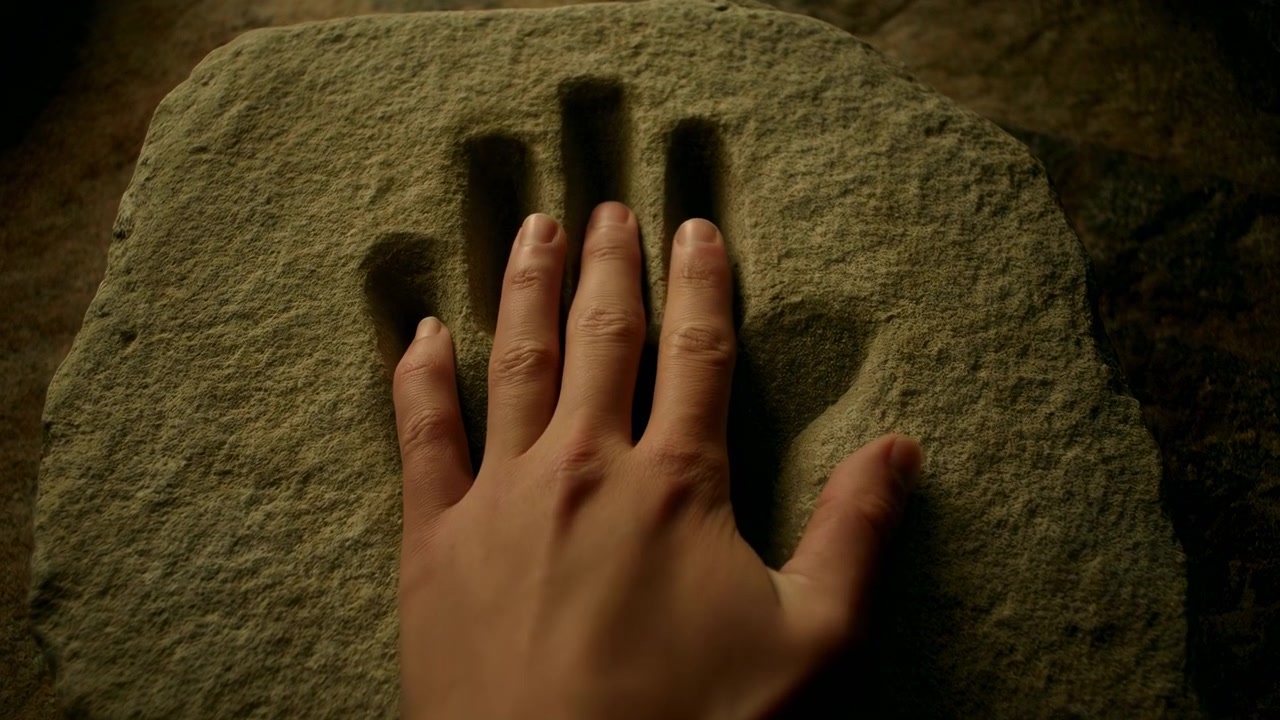 Closeup Hand On Ancient Stone Handprint, Gentle Palm Presses Into Weathered Sandstone Under Warm Amber Light,