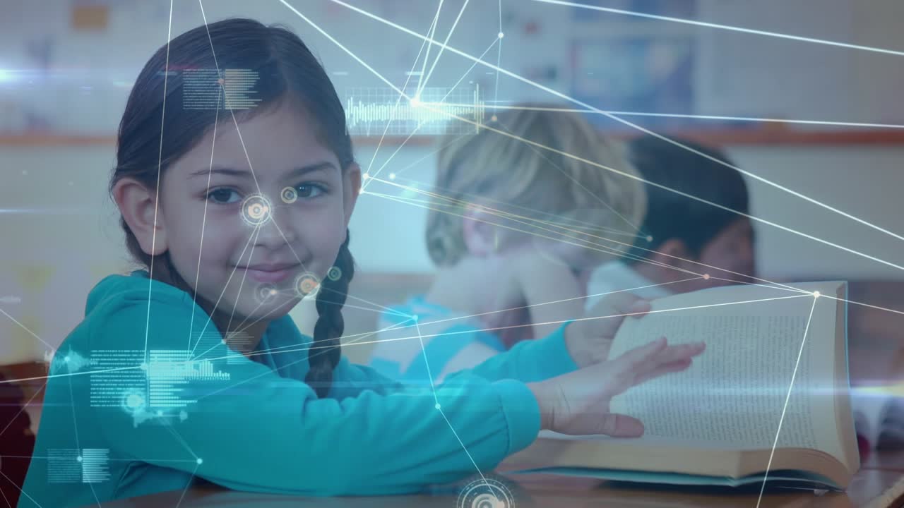 Animation of connections over happy diverse students using technology at school
