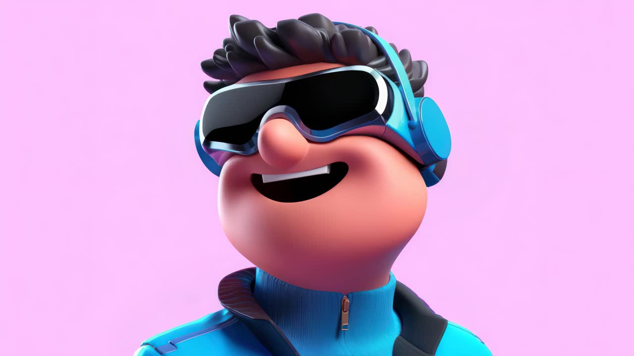 3D cartoon character with headphones and sunglasses, smiling against a pink background
