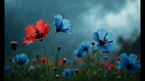 beautiful red and blue flowers in a field