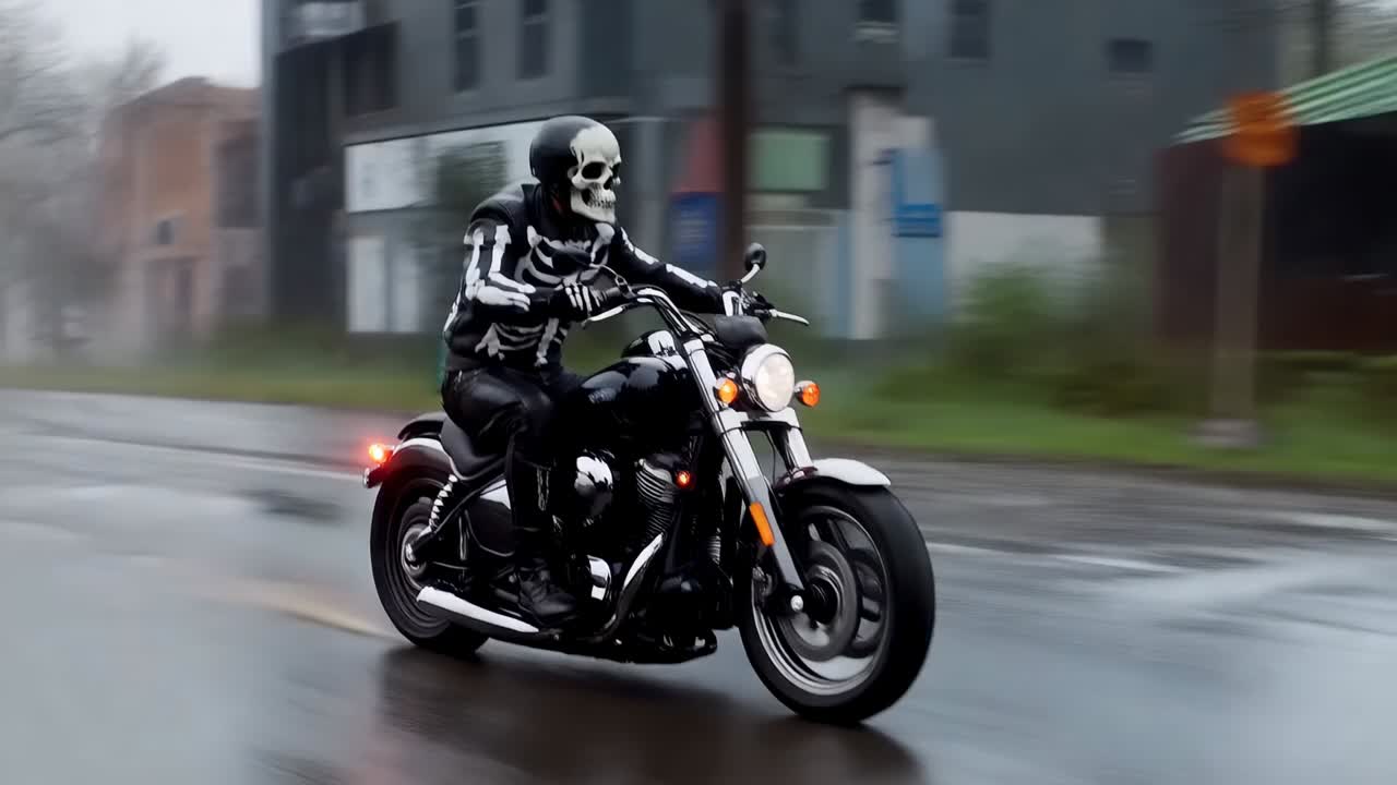 道路が開けるにつれて、センターラインに向かって移動するクルーザーに、骸骨ジャケットを着たバイク乗りが乗り、ヘッドライトが反射している。