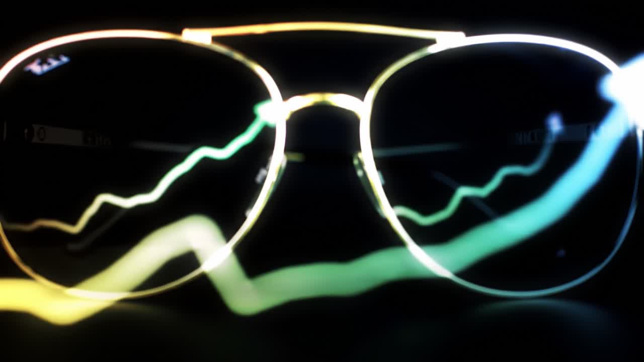 Aesthetic Close-Up of Sunglasses with Colorful Light Patterns Reflecting in the Lenses, Creating an Artistic Visual Metaphor with Vibrant Lines and Shapes