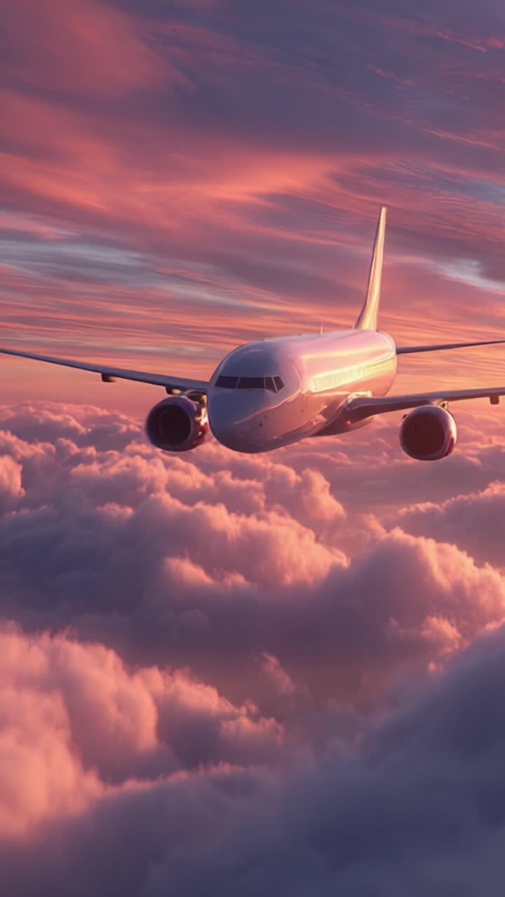 Un avion magnifique planant à travers les nuages éclatants d’un coucher de soleil, capturant la beauté du transport aérien dans un ciel serein