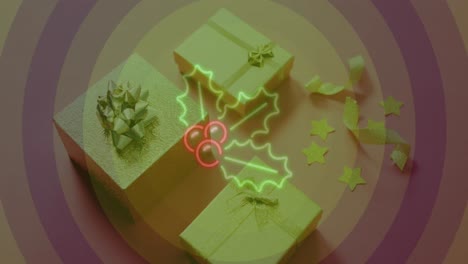 animation of neon berry and holy over christmas presents and purple circles