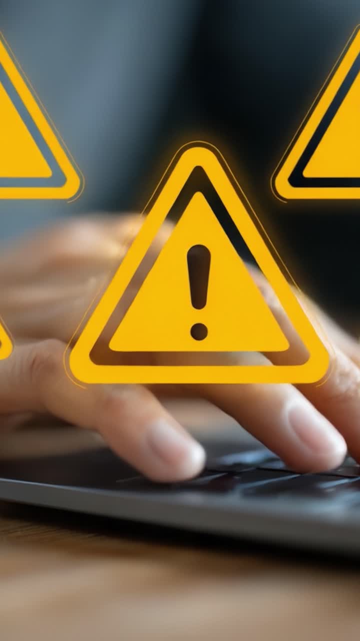 A Digital Alert: A Close-Up of Hands on a Keyboard with Prominent Warning Symbols Illustrating a Cautionary Message About Potential Risks in Technology Interactions
