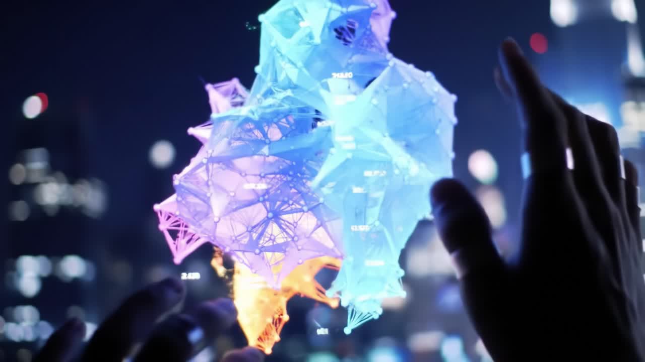 Hands manipulate a colorful, glowing digital structure against a backdrop of city lights. The atmospheric setting highlights the fusion of technology and creativity in urban environments.