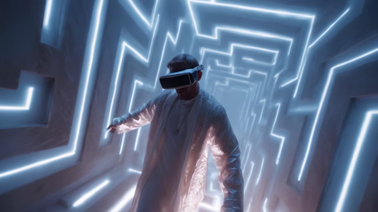 A Virtual Reality Journey: Exploring the Depths of an Immersive Digital Maze with High-Tech Gear and Neon Lights, Capturing the Essence of Futuristic Entertainment and Gaming Experiences