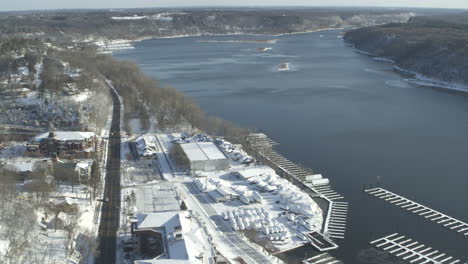 aerial, snow covered downtown stillwater mn, and st