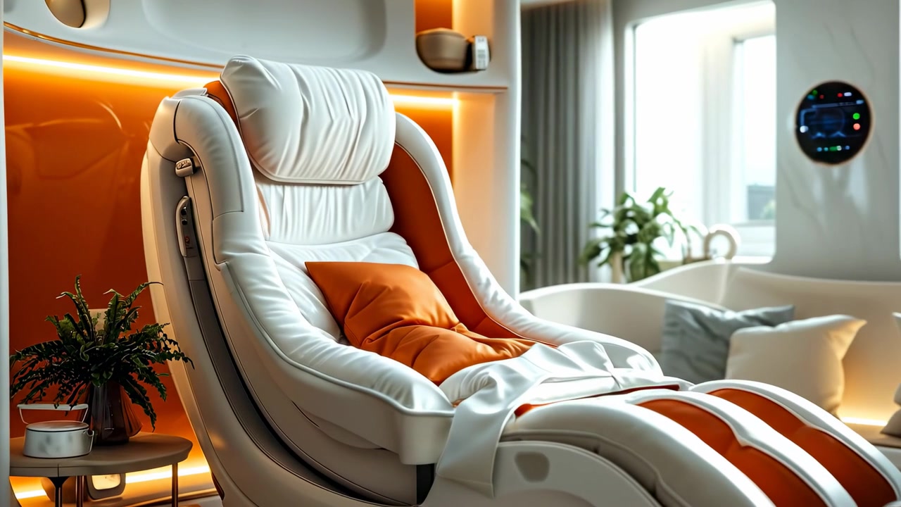 Interno di una futuristica poltrona capsula medica per il relax bianca e arancione. Moderna seduta ergonomica per massaggi o trattamenti in una luminosa stanza bianca minimalista con il vento che soffia le tende
