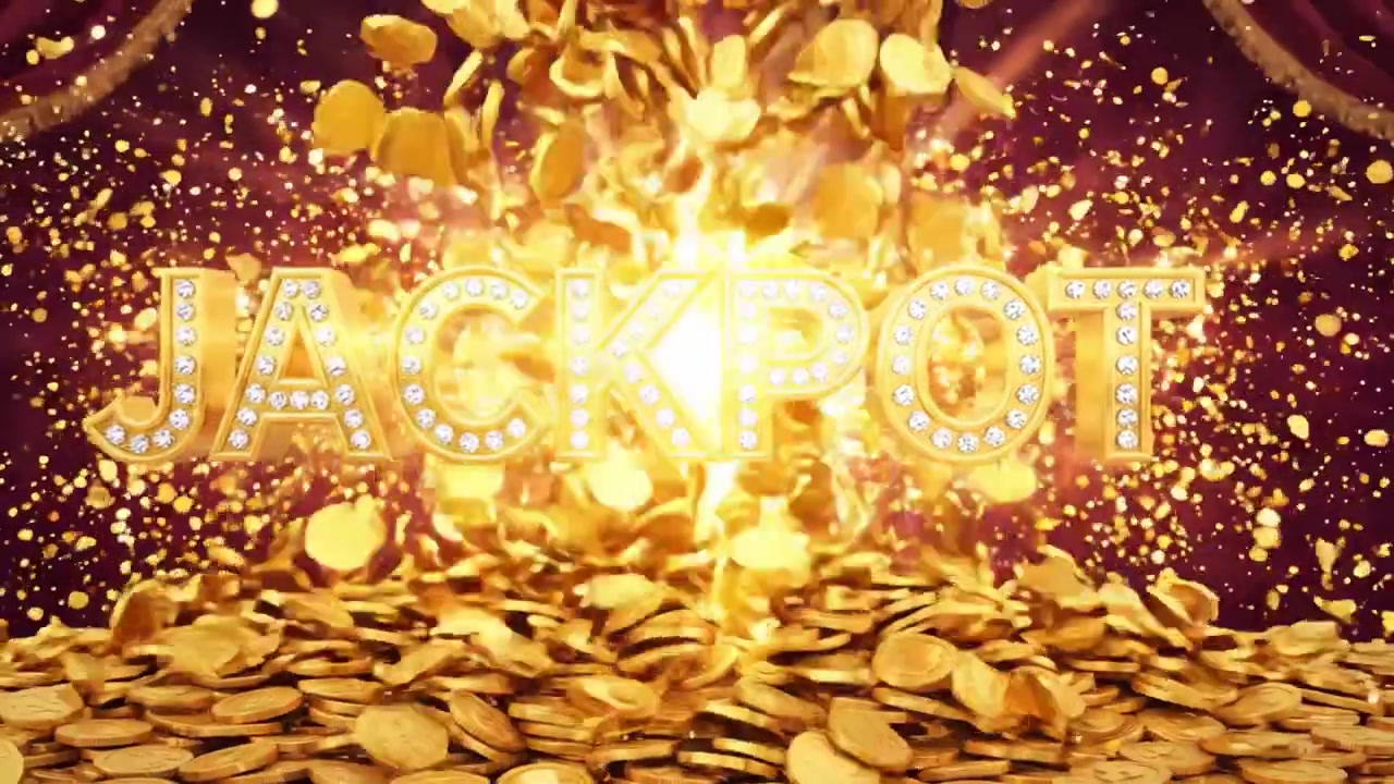 A dazzling display of excitement and thrill is captured in this video, showcasing the moment of winning a jackpot, with sparkling letters and cascading coins.