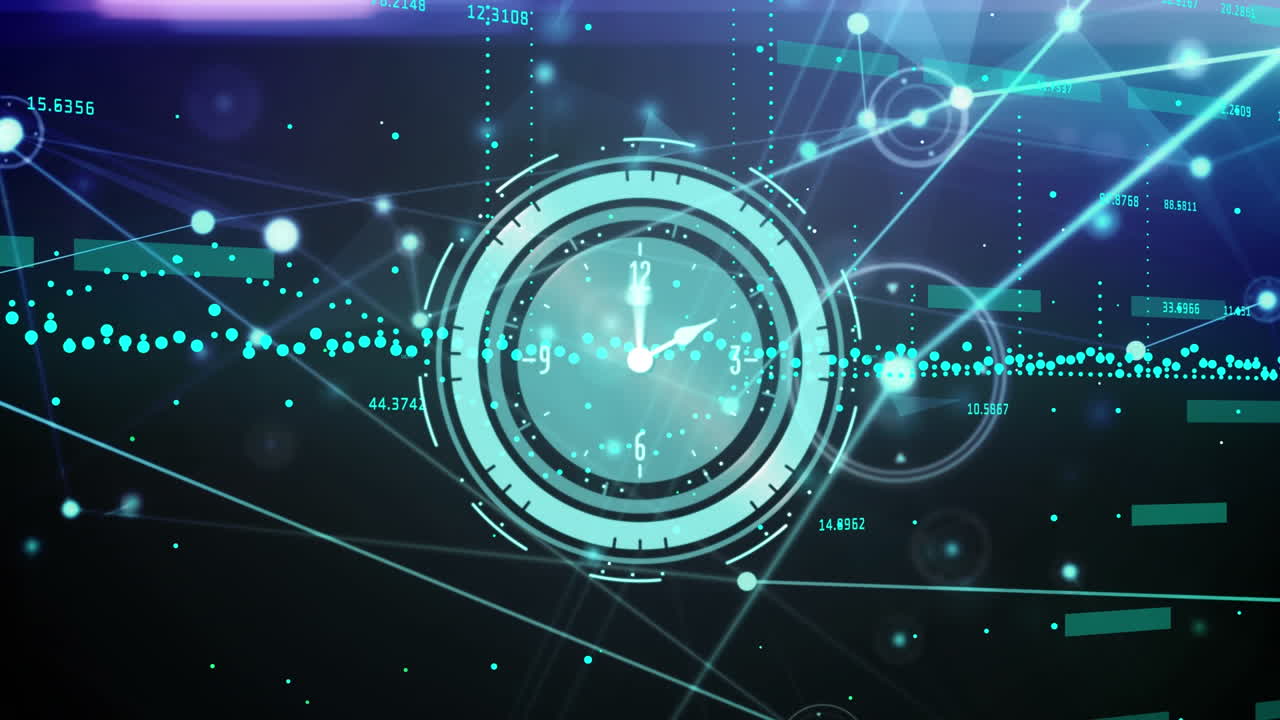 Animation of network of connections with icons over clock