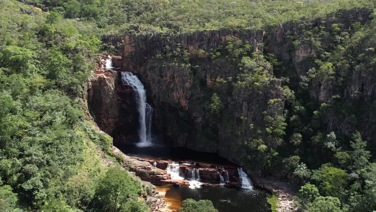 aerial view all of the Catedral waterfall and Macaco river in Complexo do Macaco in Chapada dos Veadeiros Goi&aacute;s Brazil