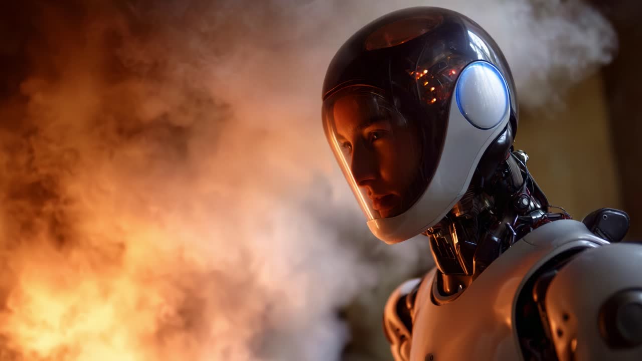 Un robot futuristico con visiera riflettente tra fumo e fiamme in un contesto drammatico, che cattura l'essenza della tecnologia avanzata e delle fattezze umane
