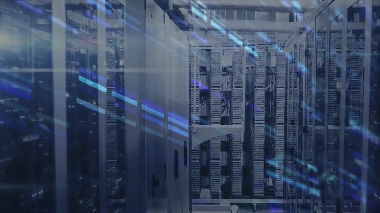 Animation of data processing and text over server room