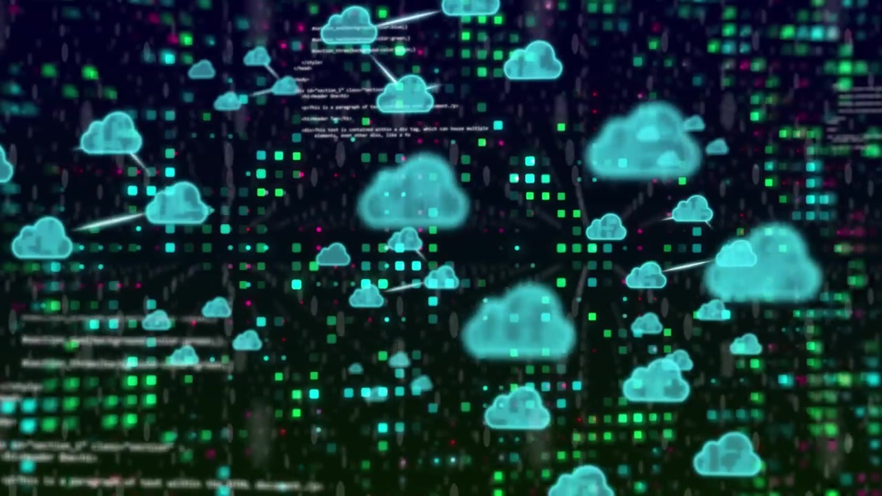 Pixel matrix pulsing, turquoise cloud icons rising and linking to show network flow