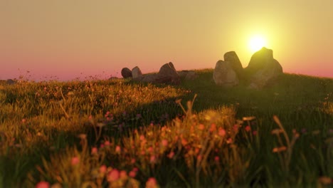 Amanecer-De-La-Mañana-Y-Brisa-Que-Sopla-Sobre-El-Campo-De-Hierba-De-Margaritas-Amarillas