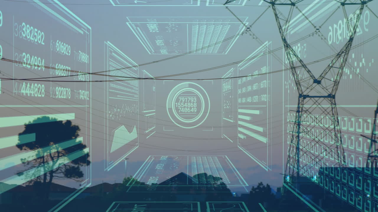 Transmission tower displaying holographic data panels over dusk skyline, featuring line charts