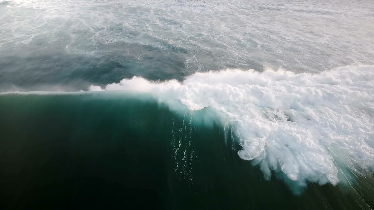 la cámara aérea sigue la marea masiva del océano que se apresura a la orilla, revelando una hermosa isla exótica soleada con árboles tropicales