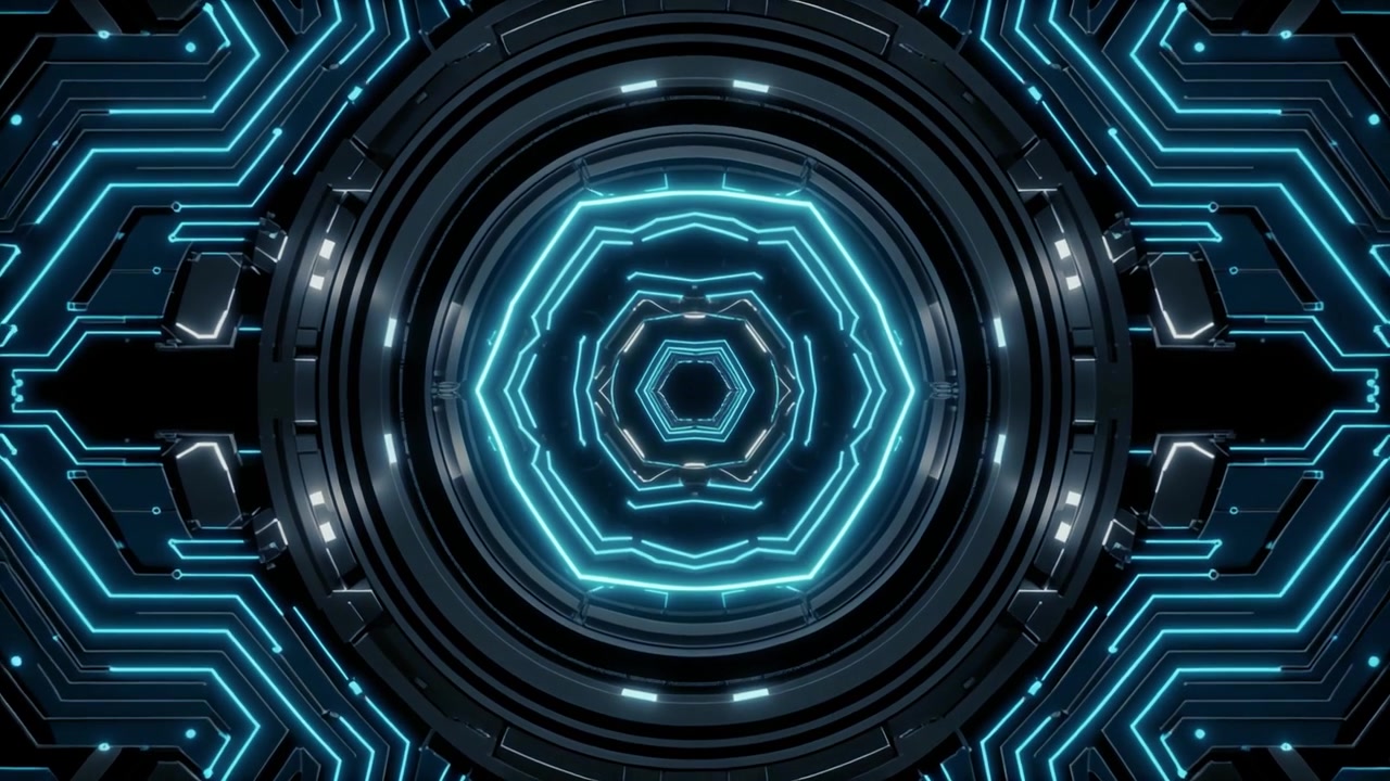 Abstract Futuristic Tunnel with Glowing Blue Hexagonal Lights