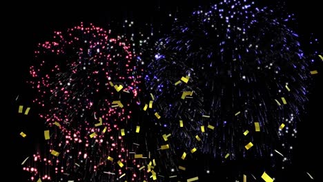 animation of confetti falling over multi coloured fireworks exploding