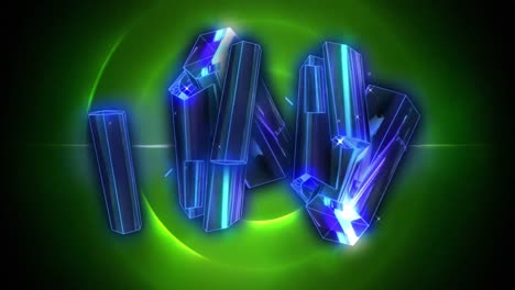 digital animation of blue crystals against green spiral light trails on black background