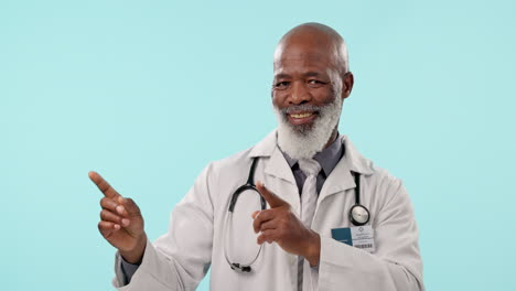 Doctor,-happy-and-mature-black-man-point