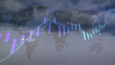 animación del procesamiento de datos financieros y mapa del mundo sobre el cielo con nubes