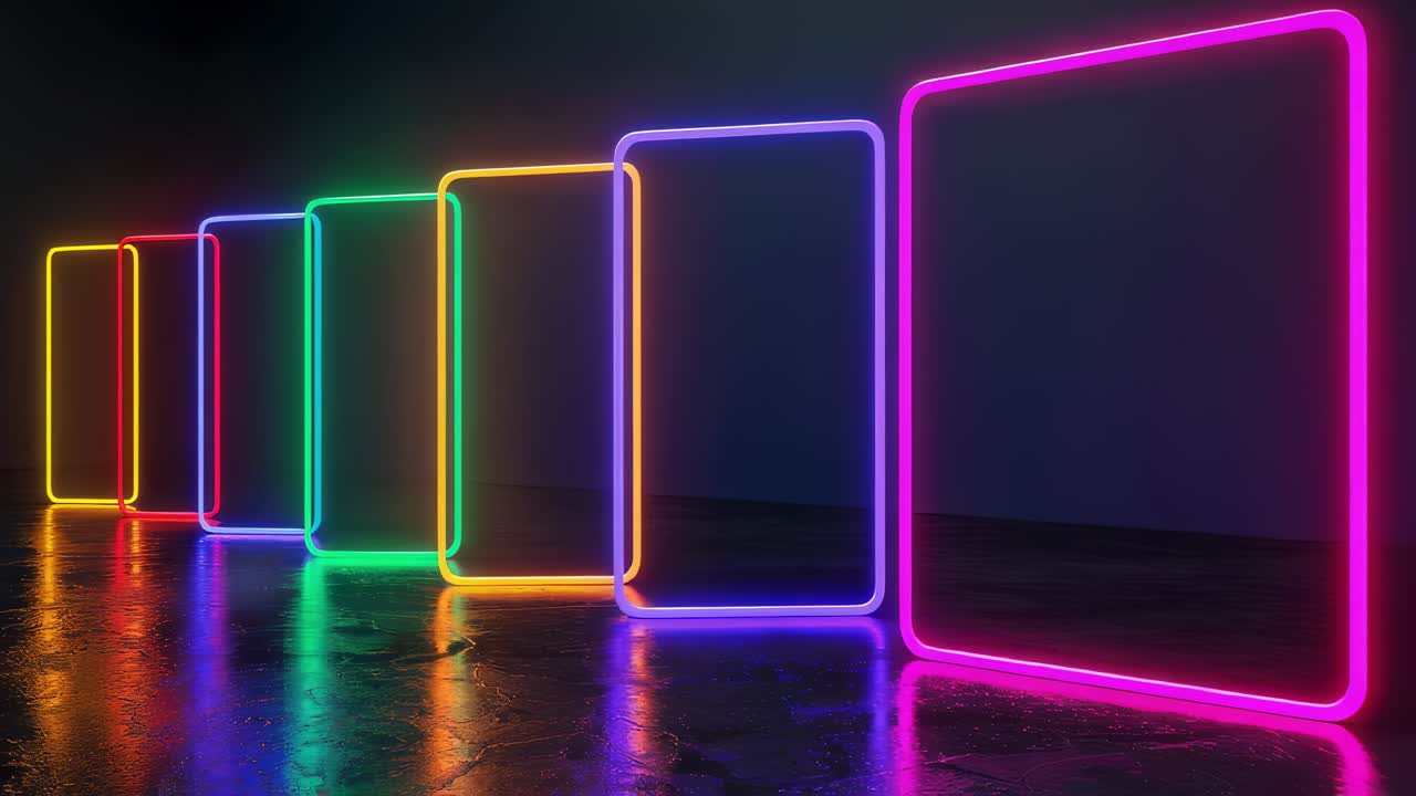 Neon rectangular shapes forming dynamic perspective, gradually expanding and shifting colors with vibrant reflections against deep dark background, creating immersive digital design flow