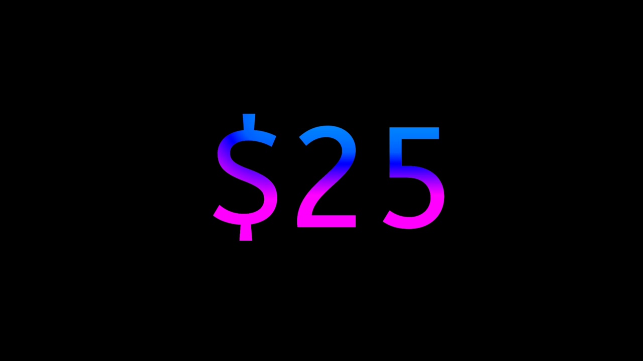 Modern Neon Price Tag $25 dollars Animation Glowing Gradient Currency Text Motion Graphics on Black Background, Loop able business concept