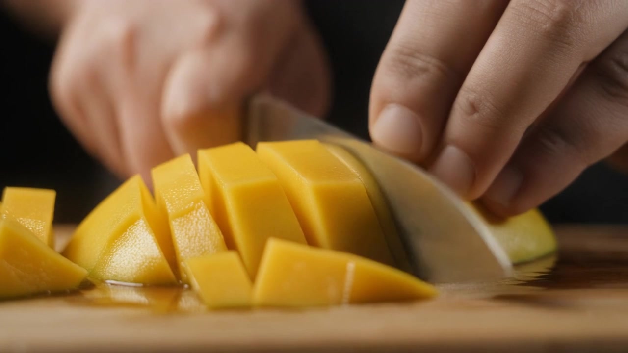 Chef che affetta mango fresco e maturo a cubetti su un tagliere di legno