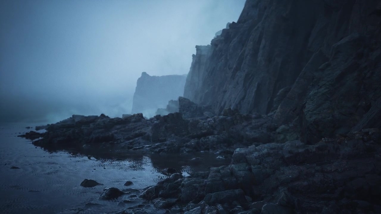 Quiet foggy shoreline with scattered stones and glowing hollows